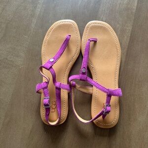 UGG sandals magenta purple straps and brown base.